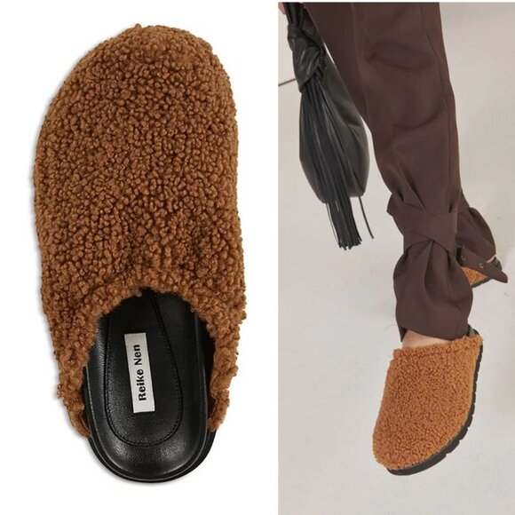 Reike Nen Faux Fur Slip On Slide Flat Loafers CLOGS Size 7 Cognac Brown NEW $440 - Picture 1 of 12